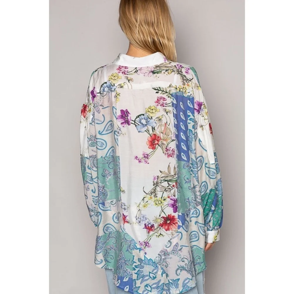 POL Ivory & Teal Blue Floral & Paisley Print Relaxed Fit Button Up Shirt - Picture 8 of 13